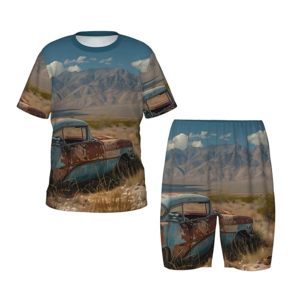 Fotbe Deserted Classic Car Landscape Pijama Estampada de 2 Piezas para Niños – Ropa de Dormir de Manga Corta Cómoda para Niños y Niñas, Camiseta y Shorts de Algodón-XX-Large