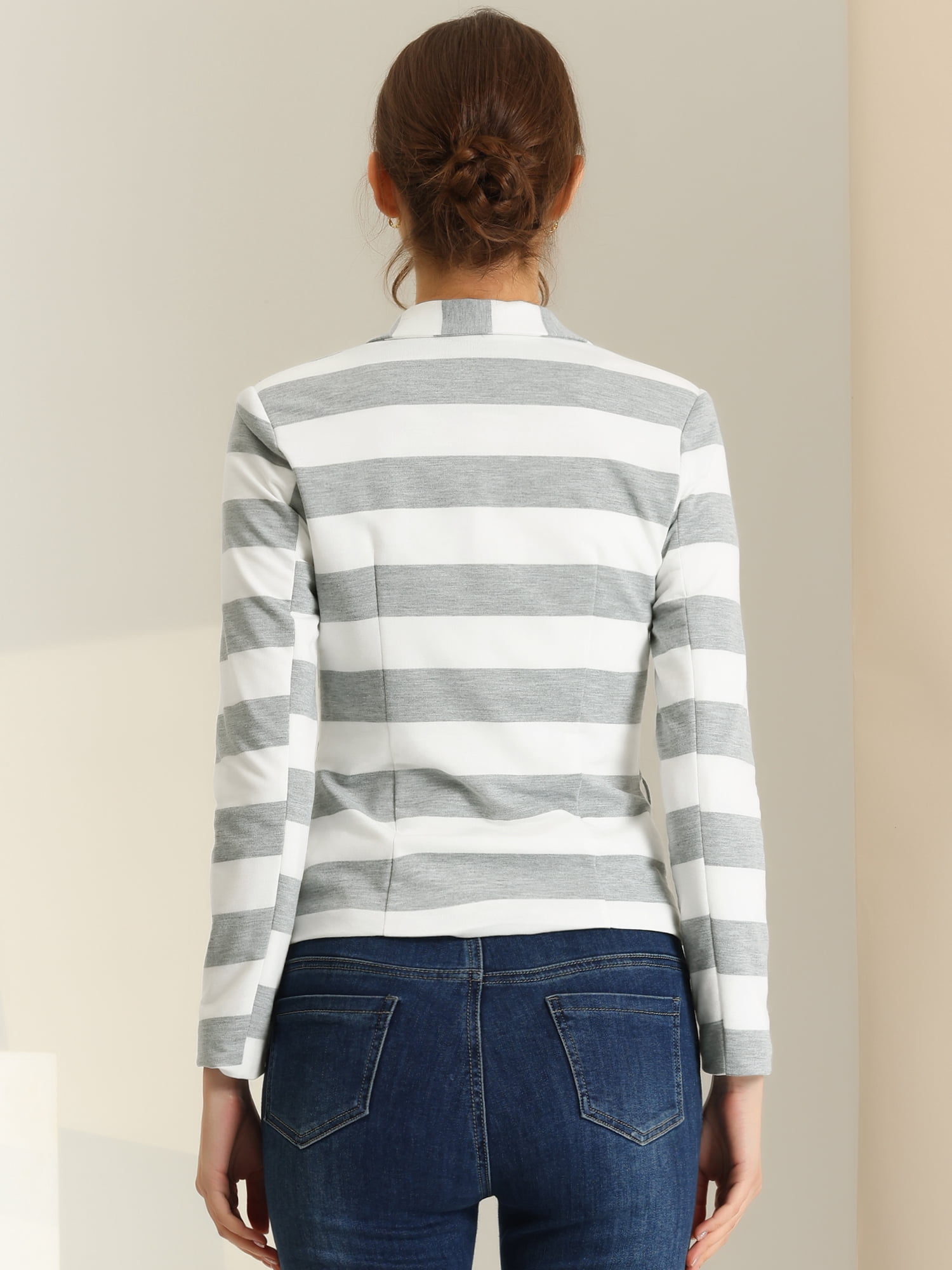 DARING DIVA Women's Striped Notched Lapel Button Closure Blazer L Light Grey