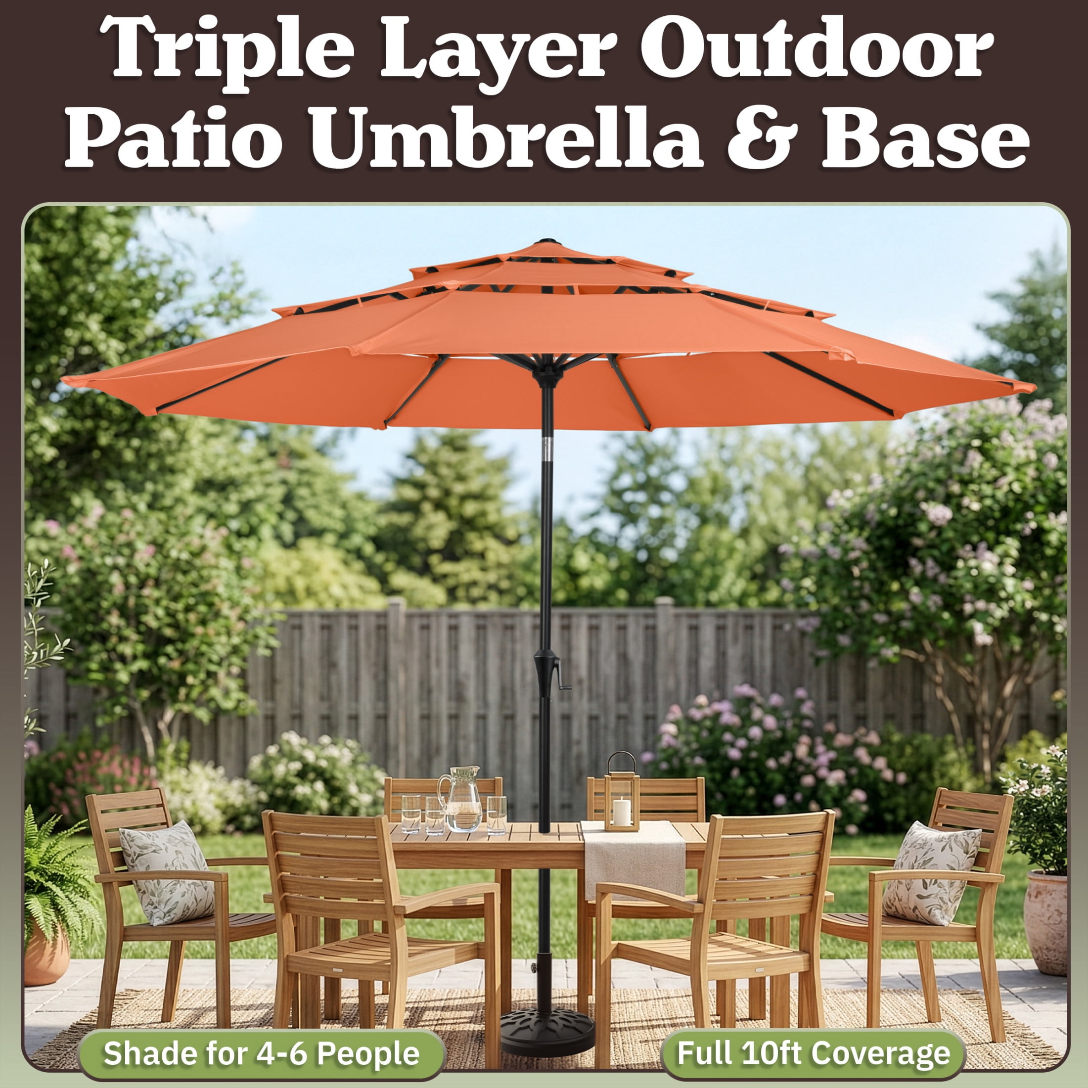 Pure Garden 10ft 3-Tier Umbrella for Patio Shade Canopy with 19lb Base, Orange