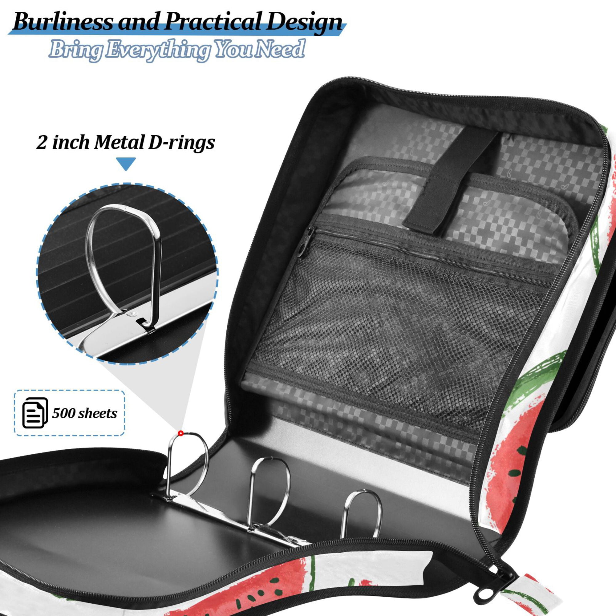 FORMRS Zipper Binder with Shoulder Strap 2-inch Ring 500 Sheet Capacity File Bag, Cute Watermelon
