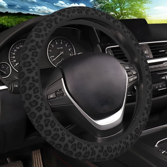 RIONIMA Black Leopard Print Cheetah Elastic Steering Wheel Cover,Non-Slip Breathable Neoprene Steering Wheel Covers,Women Leopard Car Accessories,Universal 15 Inch Fit Auto,Suvs,Truck