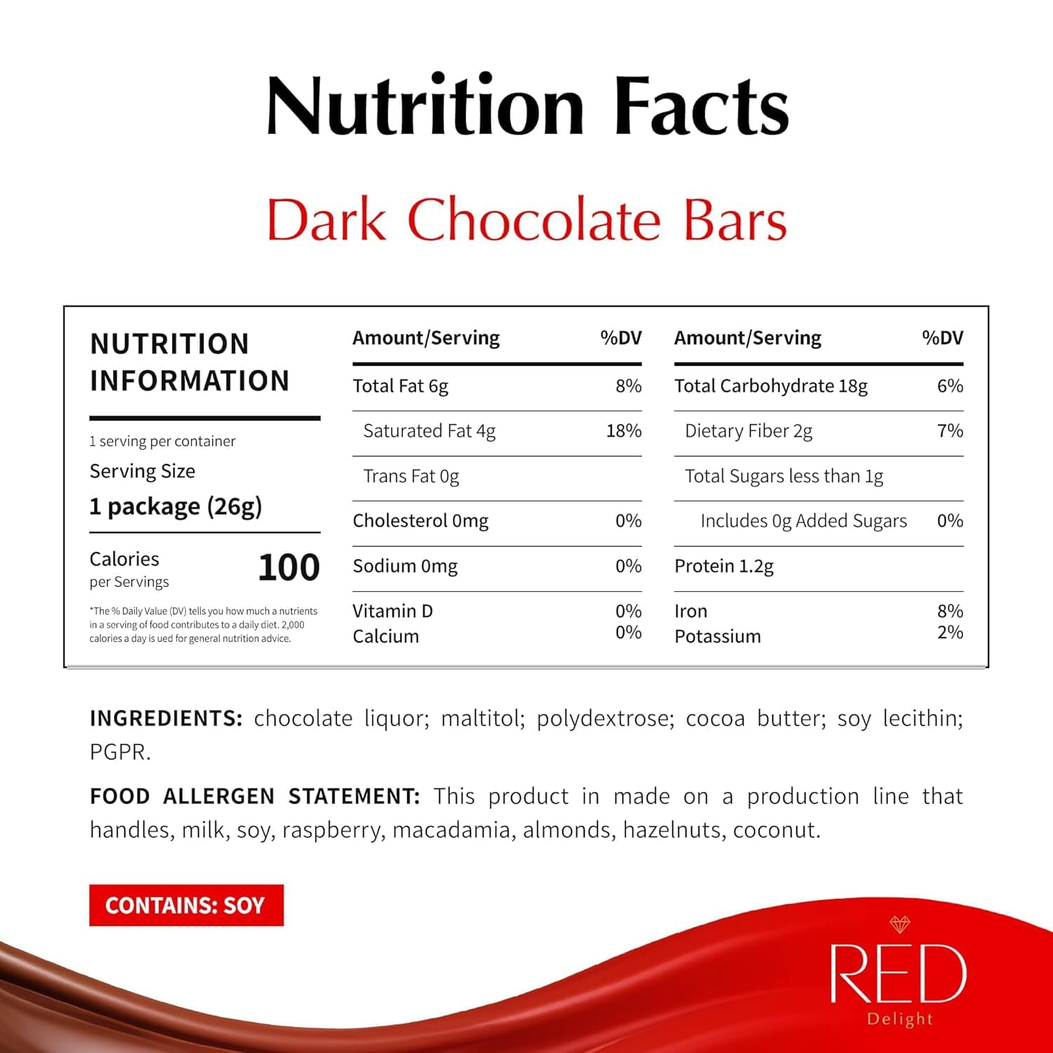 RED Delight Dark Chocolate 12 Count Box of Grab N Go Travel Size Bars (0.92 Ounces Each)