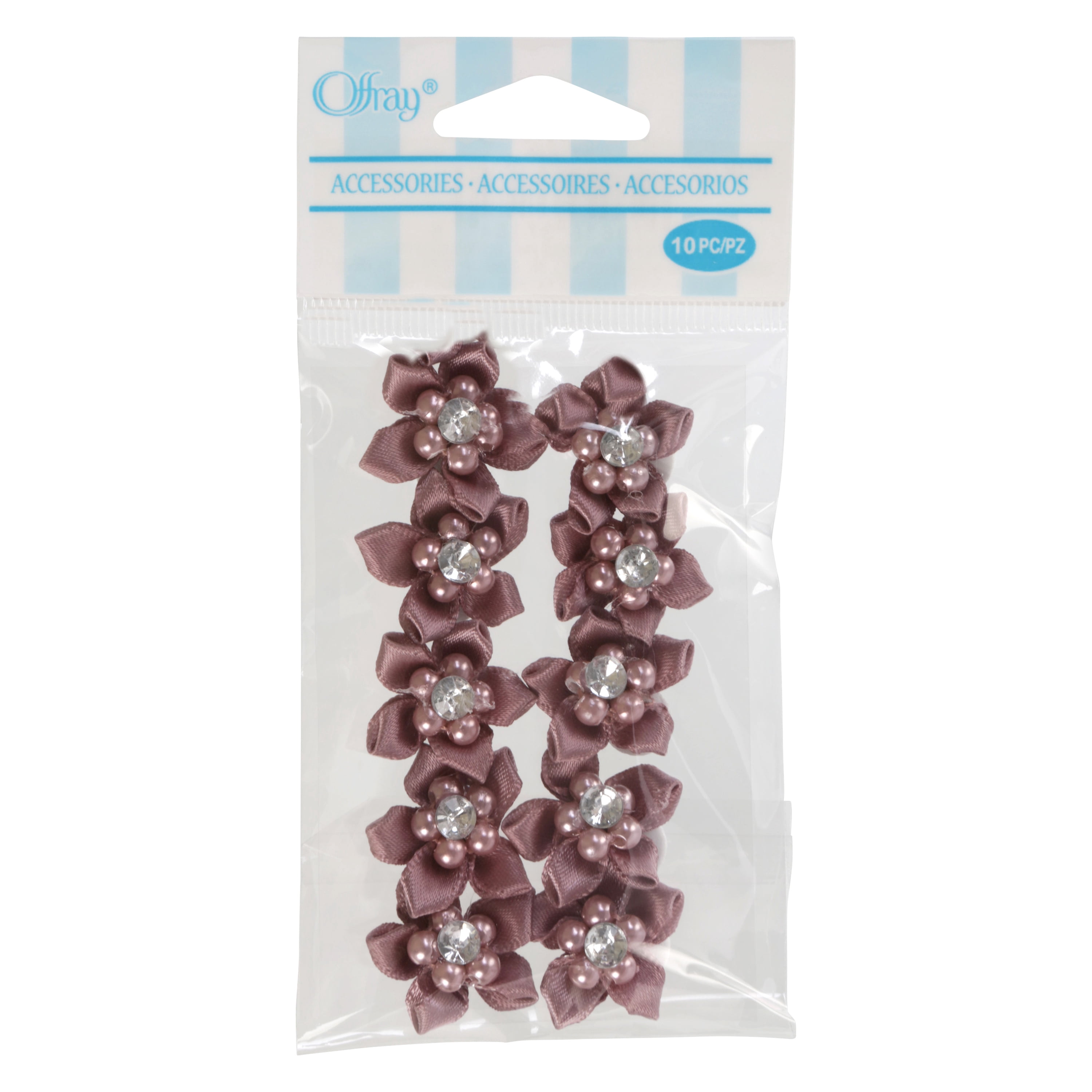 (2 pack) Offray Ribbon Accessories 3/4-Inch Mauve Satin 5-Petal Flowers with Rhinestone Center, 10-Pack