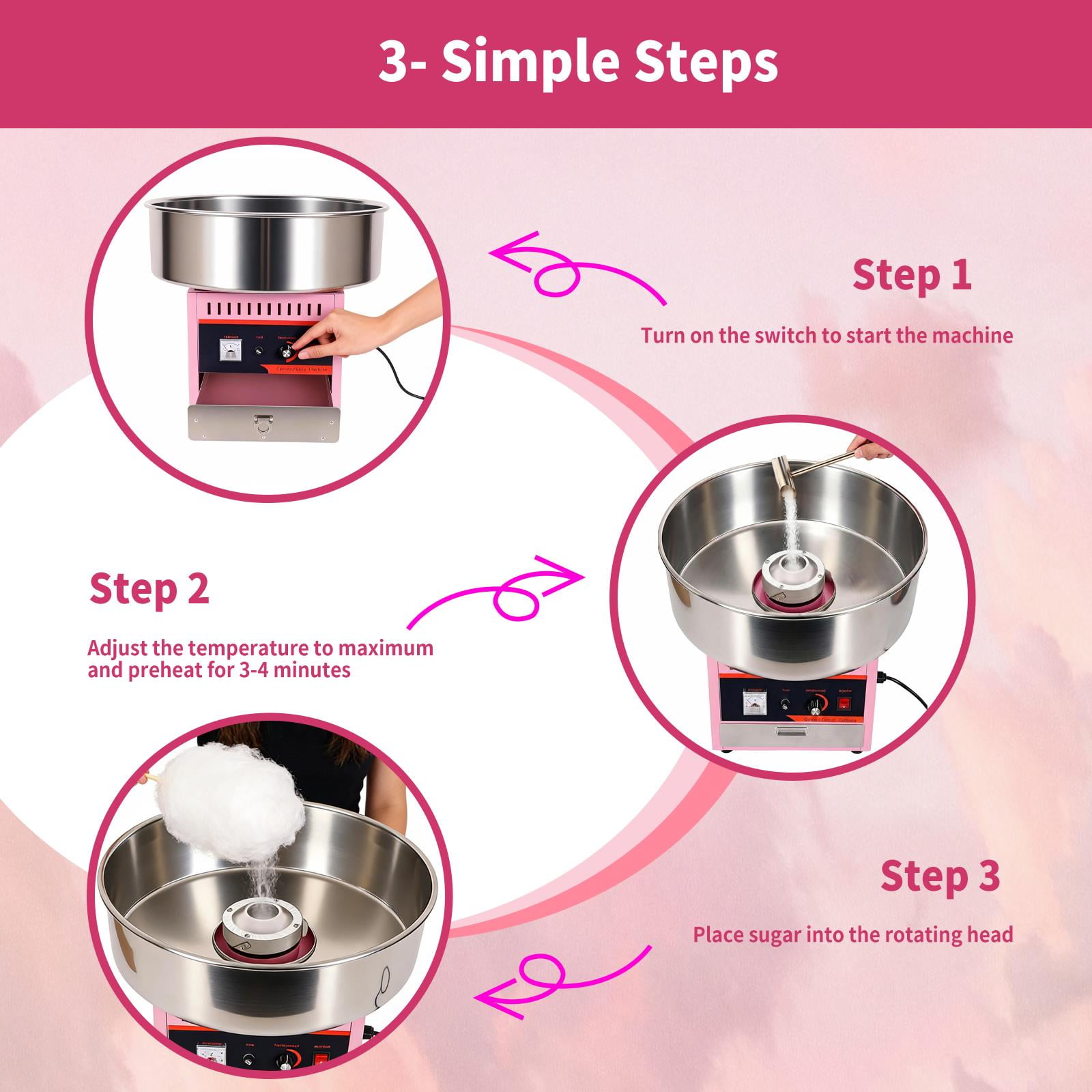 Commercial Cotton Candy Machine, 1000W Electric Candy Floss Maker with 15" Stainless Steel Bowl Sugar Scoop, 149℉-473℉ Adjustable Temperature for Home, Carnival, Kids Birthday, Family Party, Pink