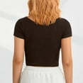 thumbnail image 4 of Camisa de oficina de mujer, de corte ajustado, cuello redondo, color liso, talla XS Camiseta sofisticada de canalé marrón, 4 of 5