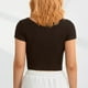 thumbnail image 4 of Top de manga corta con cuello redondo para mujer, camisa de punto acanalada de Color puro, elegante, a la moda, ajustada, para trabajo de oficina, 4 of 5