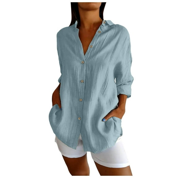 GEWSEY 3/4 Sleeve Button Down Shirts for Women Dressy Casual V Neck Solid Shirts Loose Fit Spring Tops for Women (Light Blue, M)