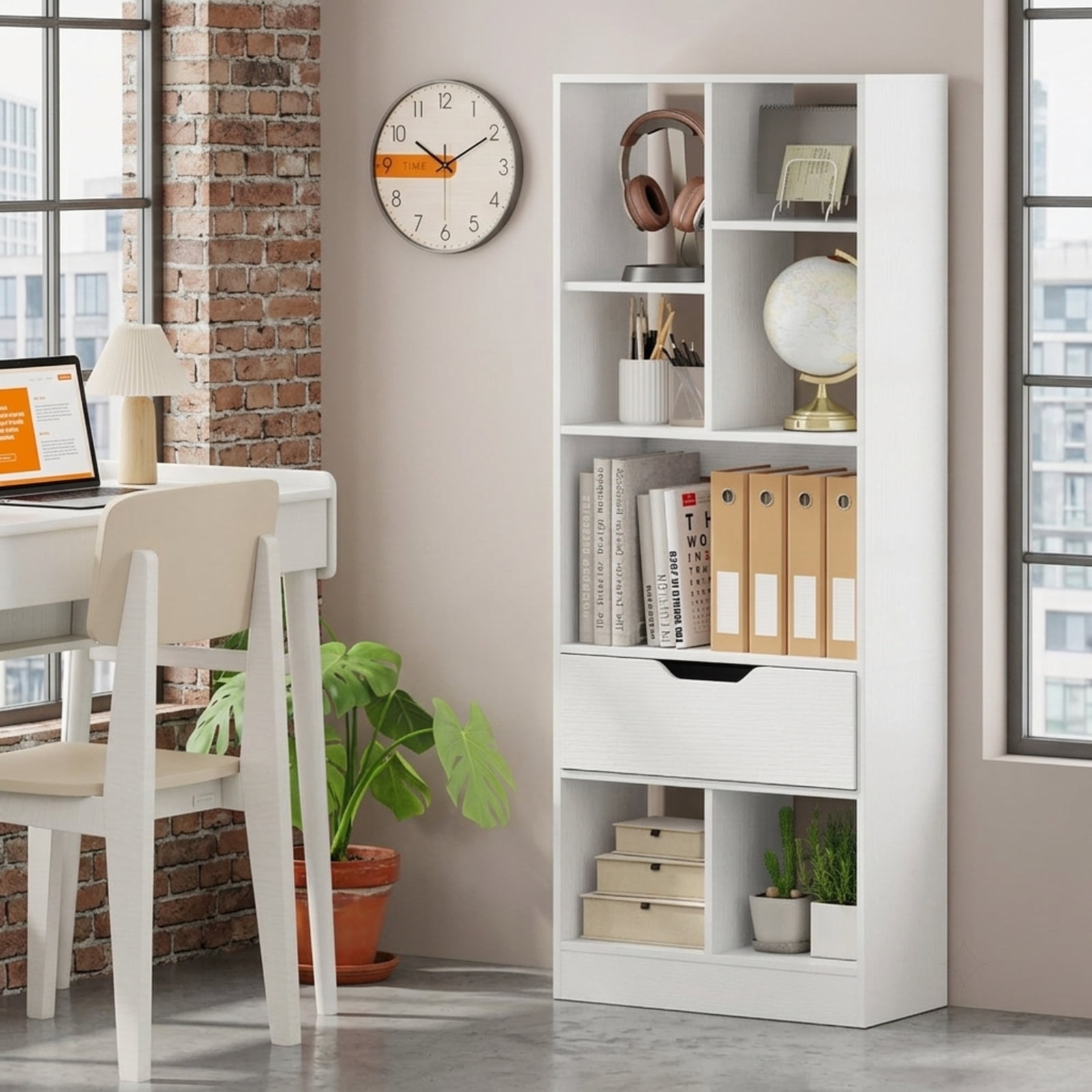 Furnibear 51 Inch Tall Freestanding Bookcase with Storage Drawer and 7 Open Cubes Slim Wood Storage Organizer for Bedroom and Office, White