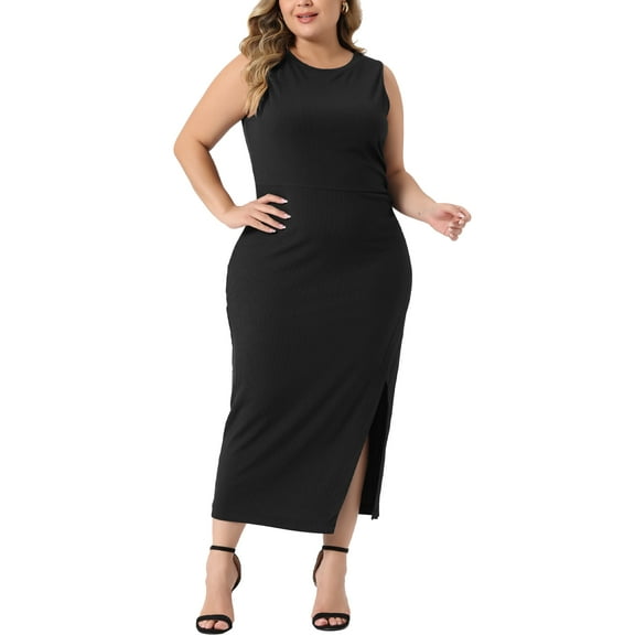 Unique Bargains Women's Plus Size Elegant Knit Slit Tank Midi Ruched Bodycon Dresses 1X Black