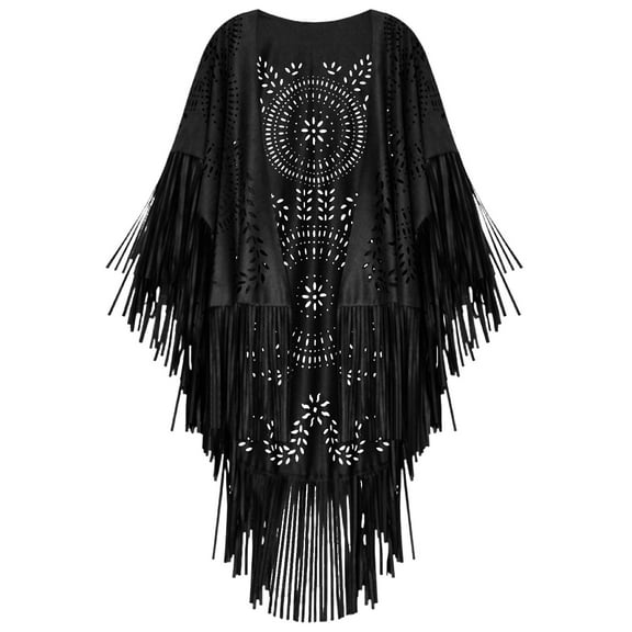 QQAMB Women's Faux Suede Shawls and Wraps, Vintage Fall Winter Hollow Long Tassels Stole Shrug Cape Scarf