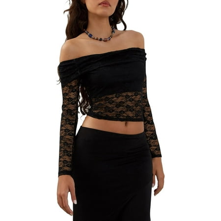 

ZAGHNRENJ Women Off The Shoulder Lace Crop Top Sheer Long Sleeves Bodycon Tops Casual Blouse Slim Fit Shirts Grunge Clothes ABH-3209