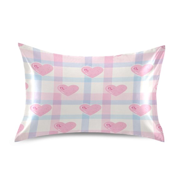 Satin Pillow Case Envelope Pillow Covers Standard Size Soft Pillow Cases for Bedroom, Plaid-heart Printed