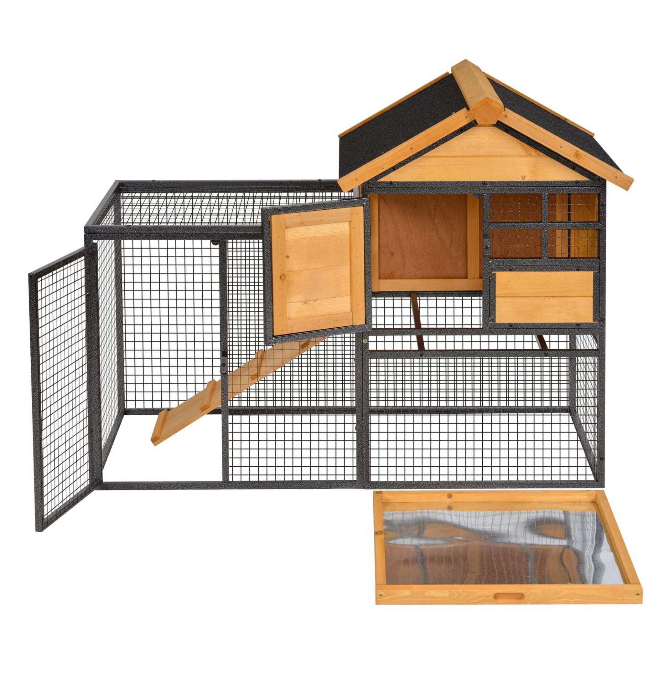 2-Level Rabbit Hutch Bunny Cage, Elevated Pet House with Weatherproof Hinged Asphalt Roof, Removable Tray & Ramp for Outdoor, Natural