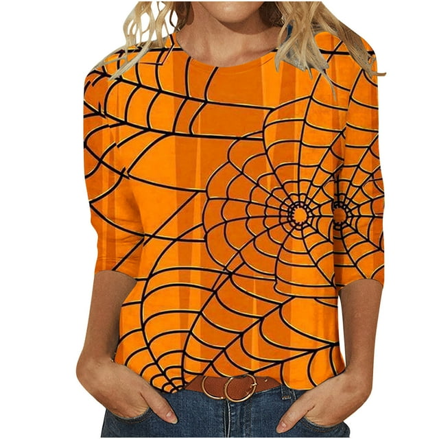 HKEJIAOI Vêtements d'Halloween pour Femmes Manches Longues Col Rond Imprimé Graphique Décontracté Célébration d'Halloween Haut pour Femmes Orange-3