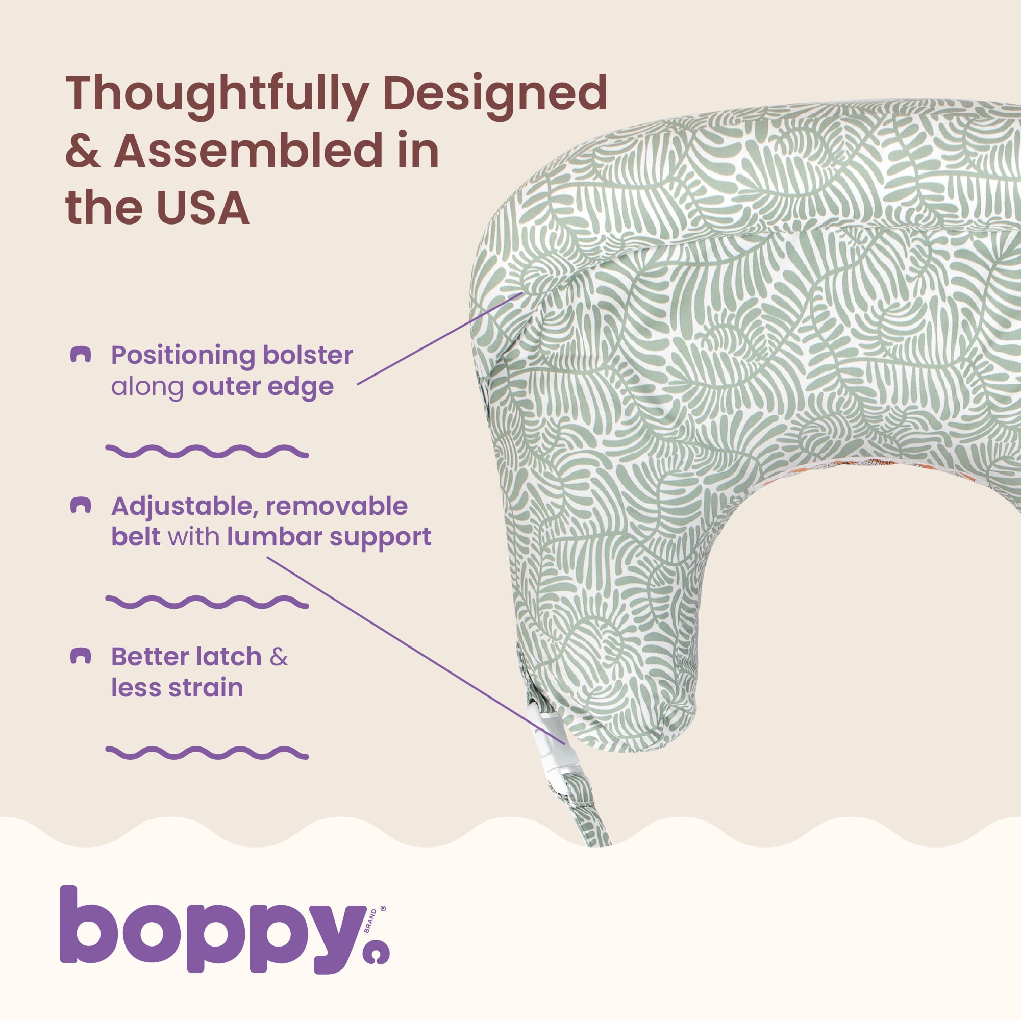Boppy Complete Nursing Pillow – Ergonomic Bottle and Breastfeeding Pillow – 2-in-1 CloseComfort Design With Belt and Full-Length Positioning Bolster-Sage Green Vines