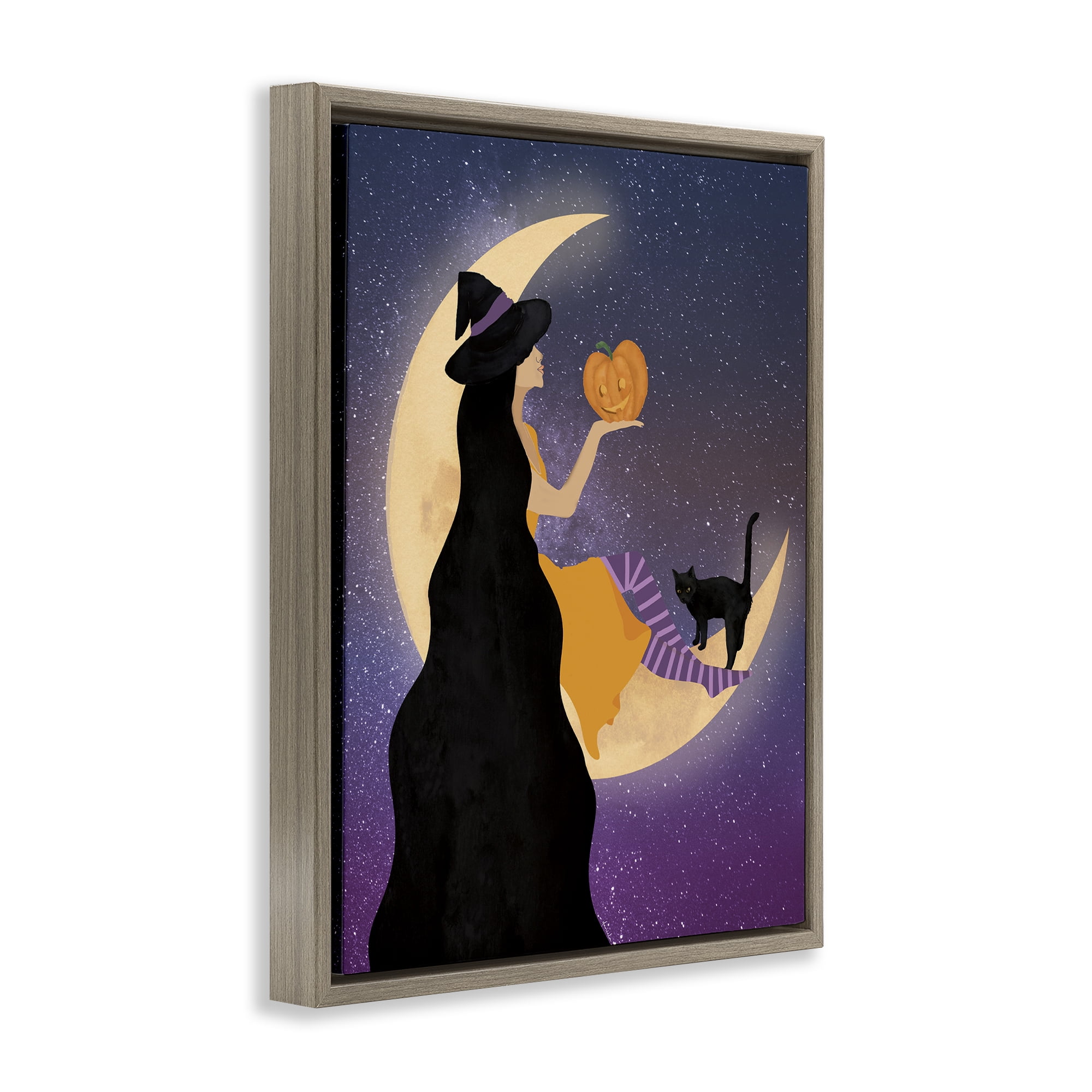 Stupell Industries Moonlit Witch Holding Jack-o-Lantern Brown Framed Floater Canvas Wall Art, design by Daniela Santiago
