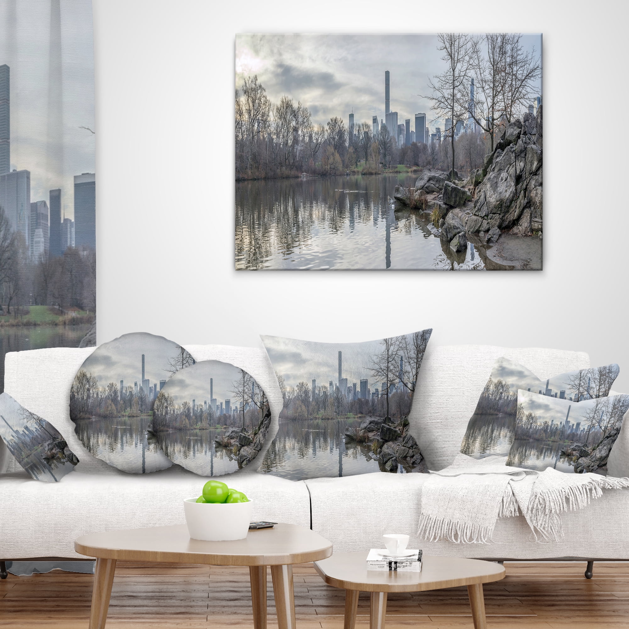 Designart Black and White Central Park NYC - Landscape Printed Throw Pillow - 18x18