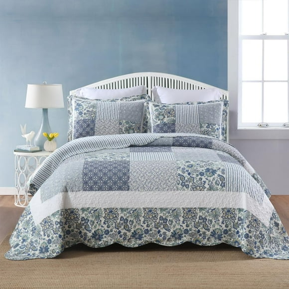 Juego de colchas de algodón camandy vintage con estampado floral azul king