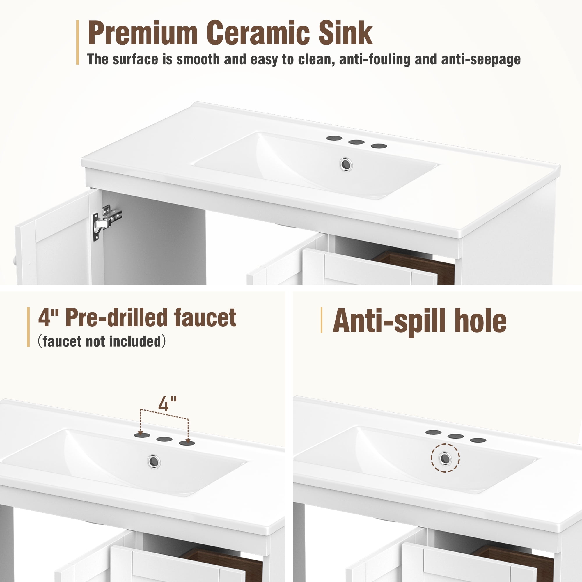 Shaker Style Bathroom Vanity with Ceramic Sink, 4 Soft Close Drawers and 2 Doors, 36" White for Ample Storage