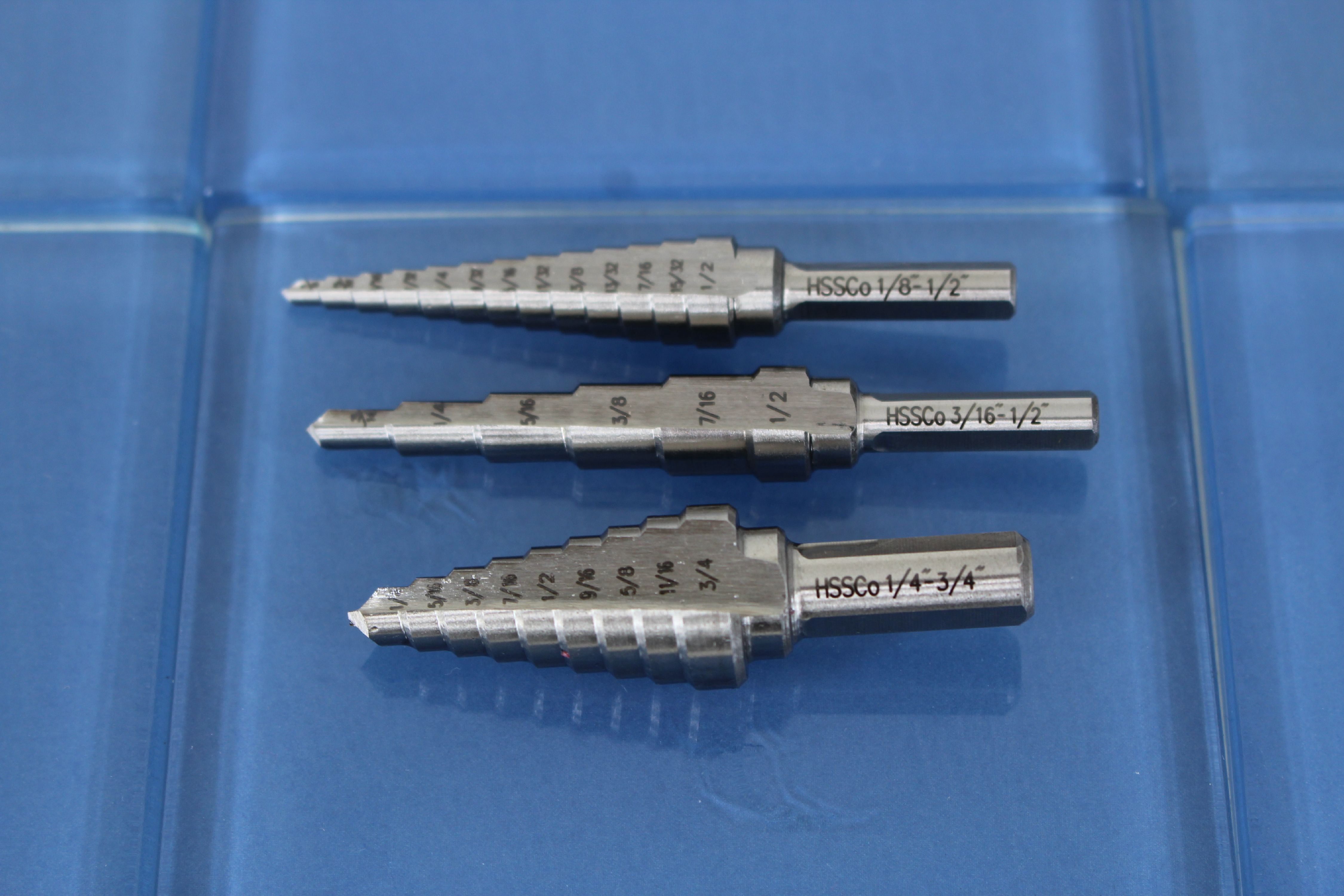 TEMO 3pc M35 Cobalt HSS Step Drill Set Two Flute Total 28 Sizes (3/16"-1/2" 6 step, 1/4"-3/4" 9 step, 1/8"-1/2" 13 step)