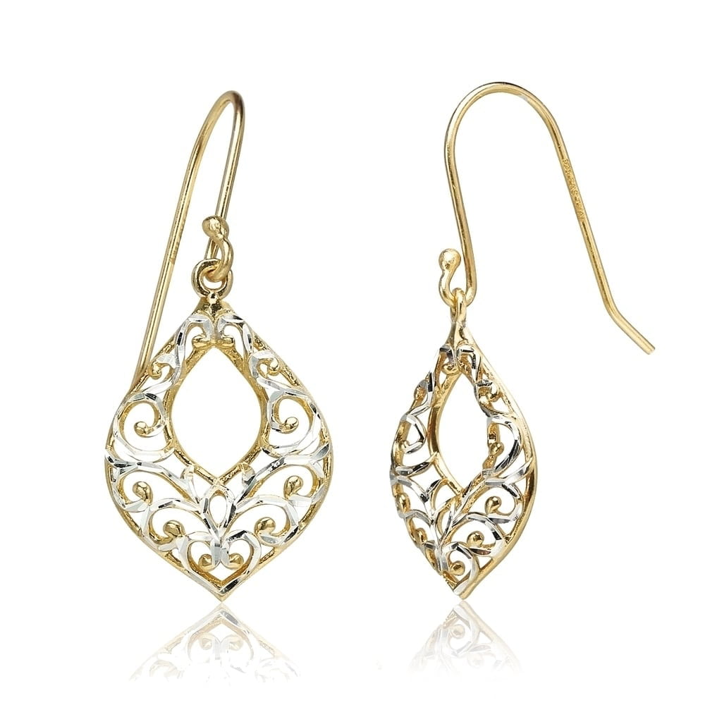 .925 Silver Diamond-Cut Open Leaf w/ Ring Drop Earrings 