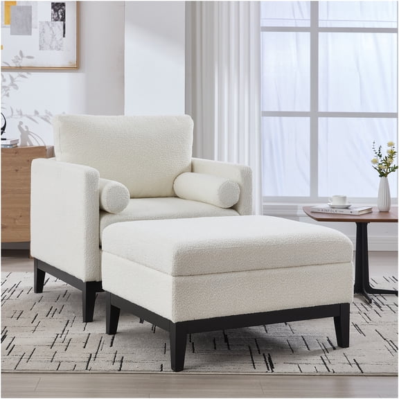 JERFIT Ivory Boucle Fabric Accent Chair with Ottoman, Farmhouse Style Storage Armchair and Coffee Table for Living Room, Lounge or Office