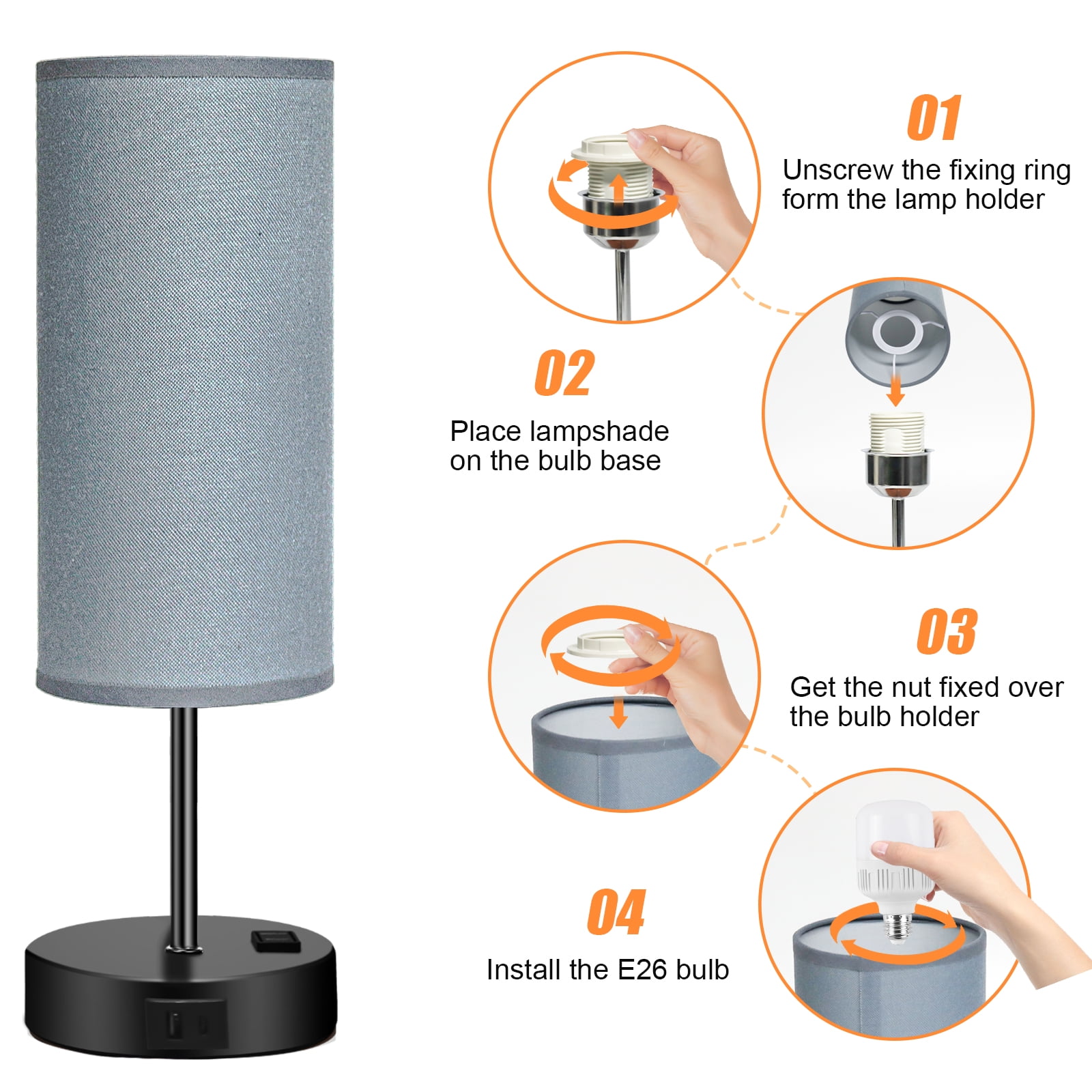 Table Lamps for Bedroom, 3 Way Dimmable Touch Control Bedside Lamp with USB C+A Fast Charging Ports, Nightstand Lamp for Office, Living Room, Reading(E26 Light Bulb Included), Grey