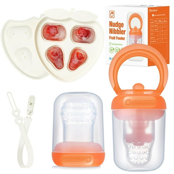 Baby Fruit Feeder & Popsicle Molds Tray Combo, New Born Must Haves and Babies Led Weaning Supplies for Safe Infant Self Feeding, 4  Month (Orange)
