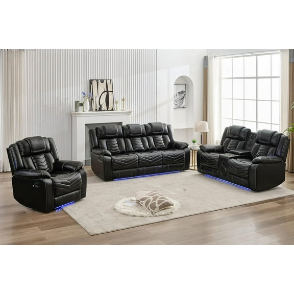 Manual Recliner Sofa Sets with Bass Speaker,Wireless Charger,LED Light Manual Reclining Living Room Furniture Sets