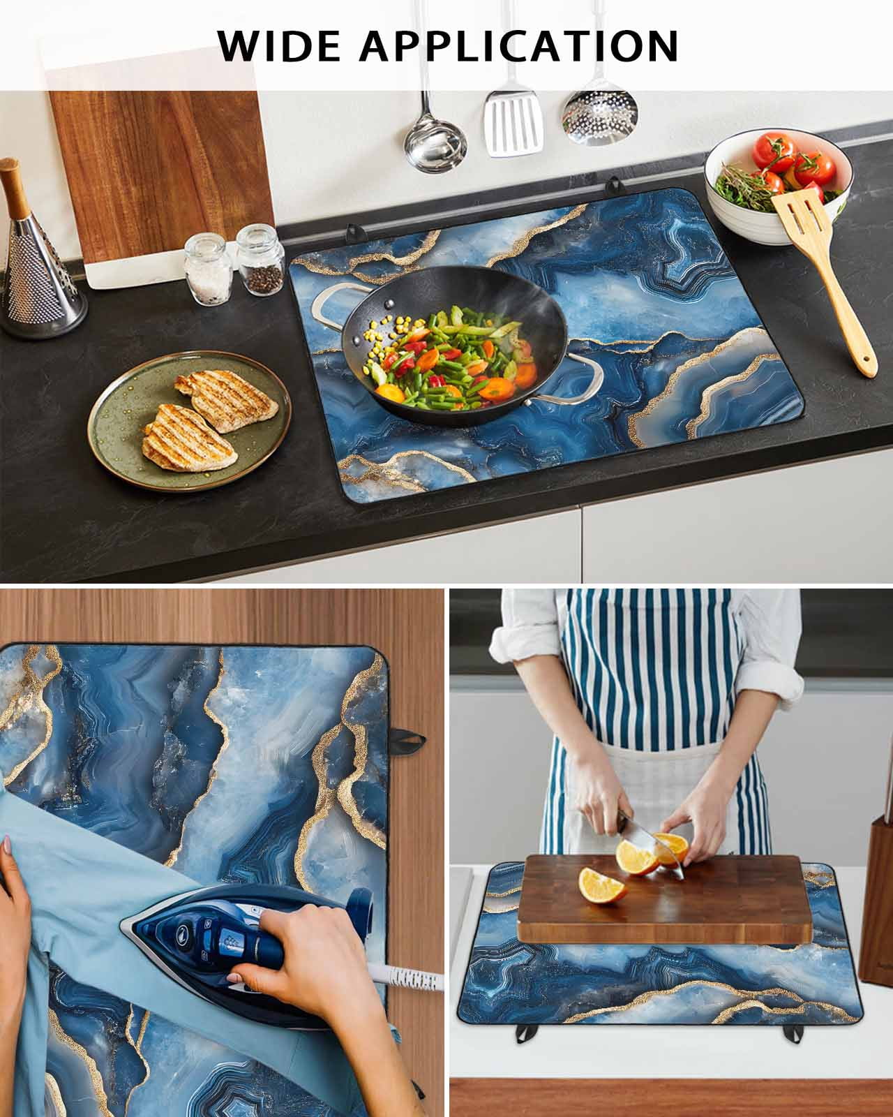 nqOlkjepod Large Induction Cooktop Protector Mat 24"x21", Blue Marble Stove Top Covers for Electric Stove, Contemporary Abstract Golden Foil Texture Stove Burner Cover Mats, Glass Top Stove Cover