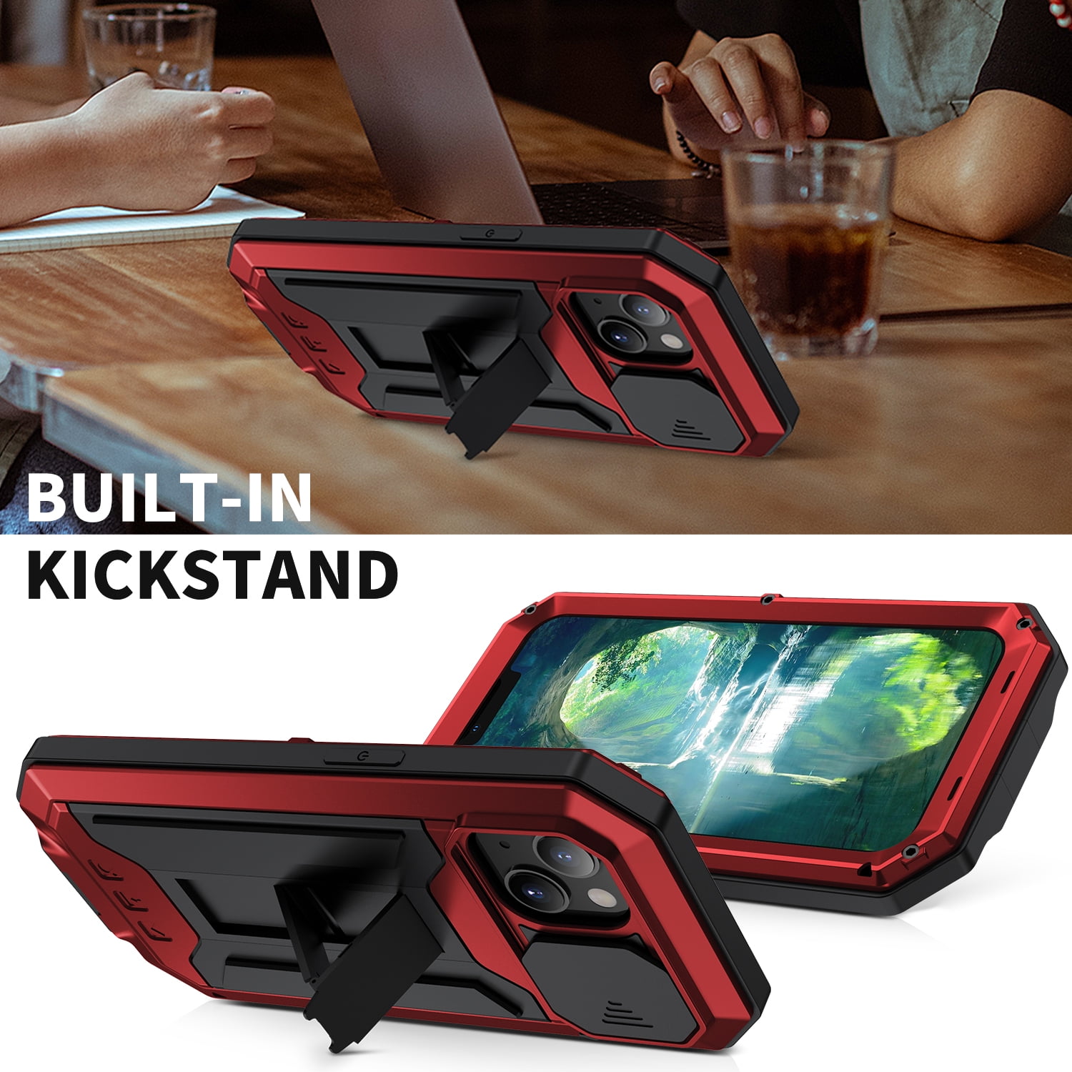 Compatible with iPhone 13 Case with Built-in Glass Screen Protector, Allytech Full Body Shockproof Life Waterproof Kickstand Slide Camera Lens Protective Case for iPhone 13 5G 6.1" 2021, Red