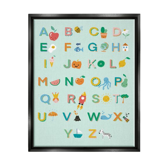 Stupell Industries Alphabet Chart on Mint Green Typography Painting Black Floater Framed Canvas Art Print Wall Art, 25 x 31