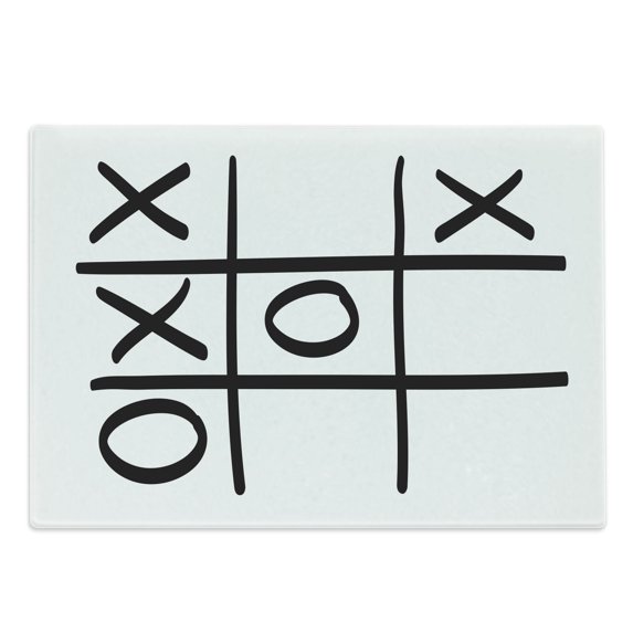 Xo Cutting Board, Tic Tac Toe Pattern Unfinished Game Hobby Theme Alphabet Minimalist Image, Decorative Tempered Glass Cutting and Serving Board, Large Size, Black and White, by Ambesonne
