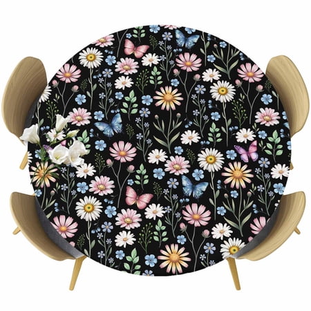 Spring Floral Round Tablecloth Fitted Table Cover with Elastic for 36 -44 Round Tables Elegant Pastoral Flowers Butterflies Black Table Cloth Outdoor Indoor Dinning Party Waterproof Tablecloths