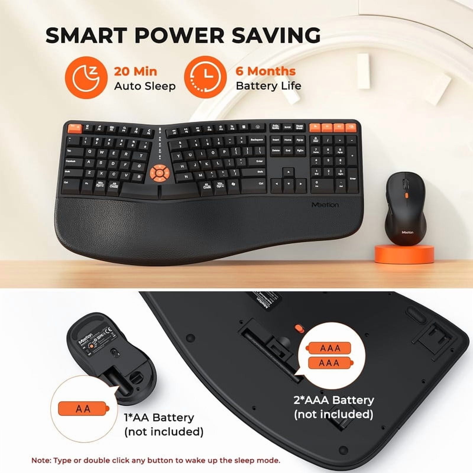 MEETION Ergonomic Keyboard and Mouse, 2.4G Wireless/Bluetooth Split Keyboard with Cushioned Palm Rest, 4 DPI Adjustable Mouse, Full Size Multi-Device Keyboard for Windows/Mac/PC/Laptop, Black