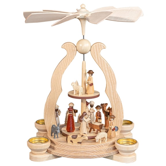 German christmas pyramid arch Christmas story, 2 plattforms, 1-tier, height 34 cm / 13 inch, natural with tealights, original Erzgebirge by Müller Seiffen