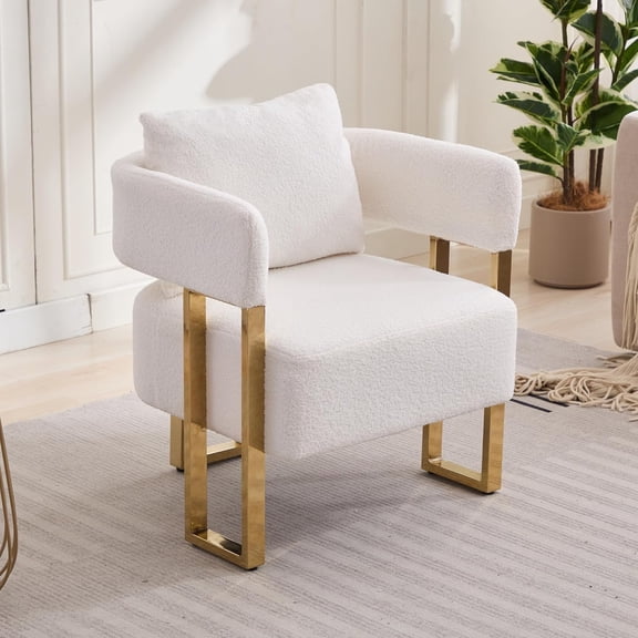 Modern Barrel Accent Chairs Set of 2, Living Room Side Chairs with Golden Metal Legs Soft Upholstered Reading Armchairs no Wheels for Vanity/Reception Room//Bedroom/Lounge/Office, White Teddy