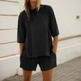 thumbnail image 2 of Shirt And Shorts Set Women Short Sleeve Solid Crew Neck Side Slit Loose T Shirt Shorts Matching Set Summer Outfits For Women Black L, 2 of 4
