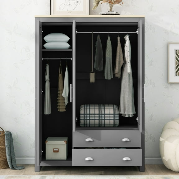 Multi Functional Wardrobe with 3 Doors and 2 Drawers, Stylish Minimalist Wardrobe with 2 Hanging Rods, for Living Room, Gray
