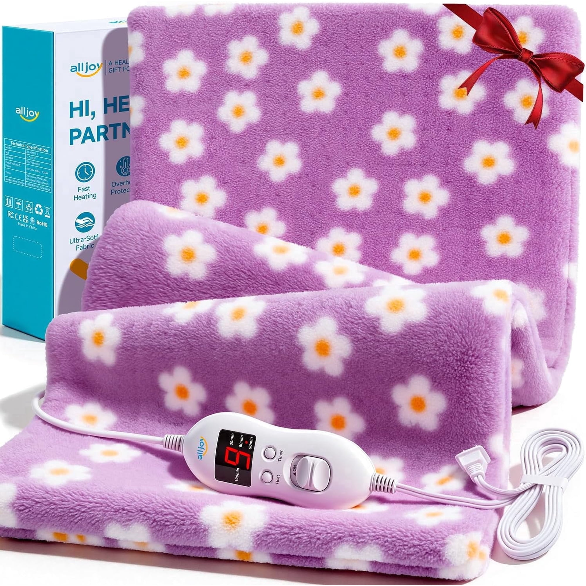ALLJOY Electric Large Heating Pad for Neck, Back, and Shoulders with 6 Heat Levels & 8 Timers, Auto Shut Off - 24" x 12" - Purple