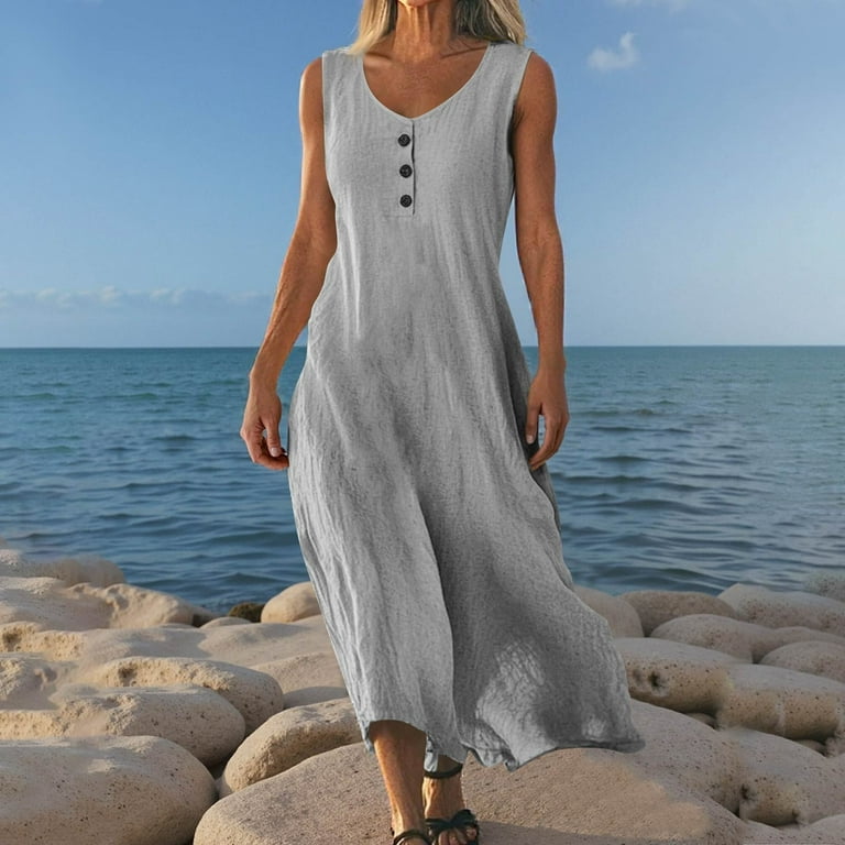Wedding Guest Dresses For Women, Linen V Neck Casual Tank Maxi