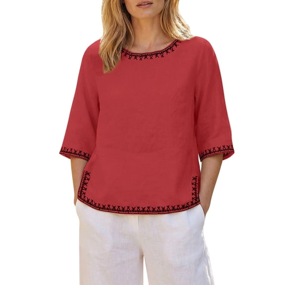 Womens Tops Embroidered Linen Blouse for Women Loose Fit 3/4 Sleeve Cotton Linen Top