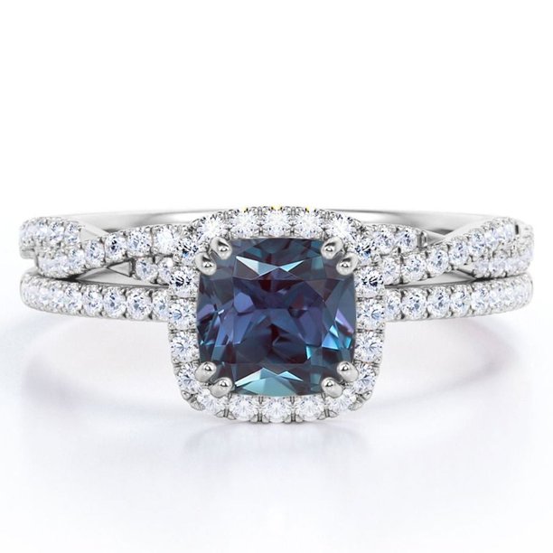 JeenMata Juego de Anillos de Boda con Halo Alejandrita y Moissanita de Corte Cojín de 1,5 ct Creadas en Lab; Anillos de Boda con Infinito Retorcido Pavé; Baño de Oro Blanco de 18 K sobre Plata