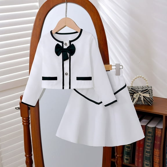 Girls' Small Fragrance Suit and White Bow Round Neck Coat Skirt Two Piece Children's Set Girls Outfits 7-8Y