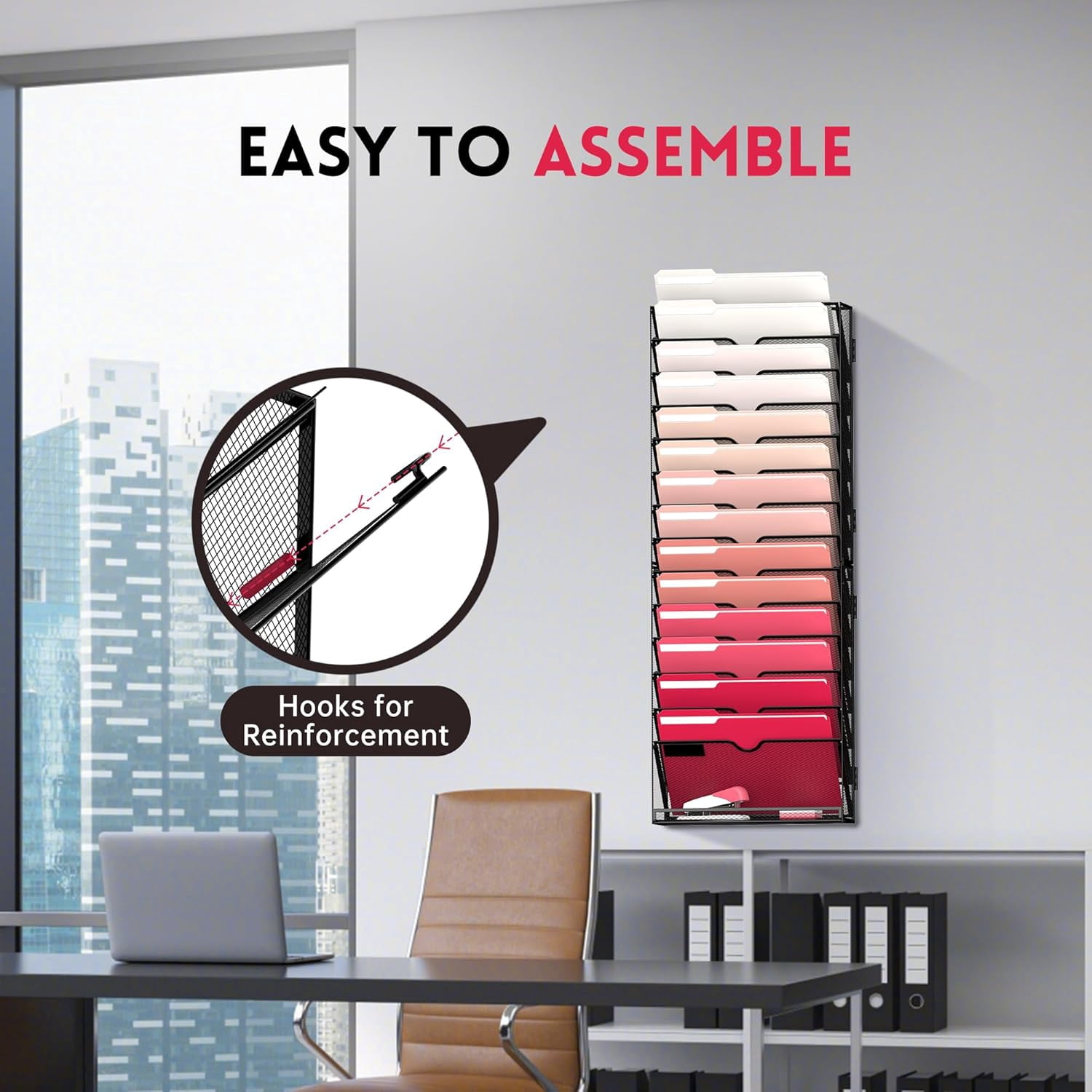 INTIGE 15-Tier Metal Hanging Wall Mount File Organizer, Wall File Holder, Screw Needed, Black