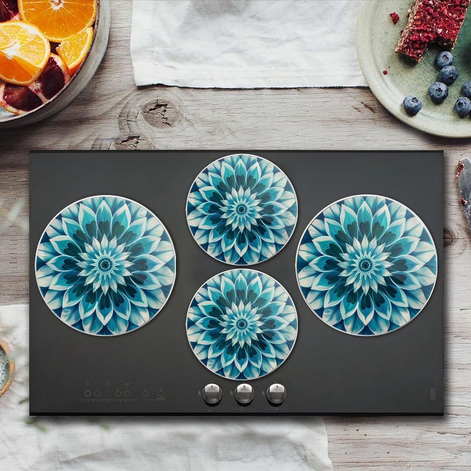 BaHomeck Electric Stove Burner Covers Set of 4,Round Metal Gas Stove Burner Covers 8 Inch and 10 Inch,Kitchen Decor,Blue And Teal Mandala With White Highlights