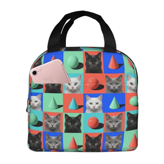 Cute Cat Lunch Bag With Cats Reusable Lunch Box Front Pocket Zipper Closure Leakproof Insulated Cooler Tote Bag Food Container Cartoon LunchBox For Men Women Work Travel Picnic