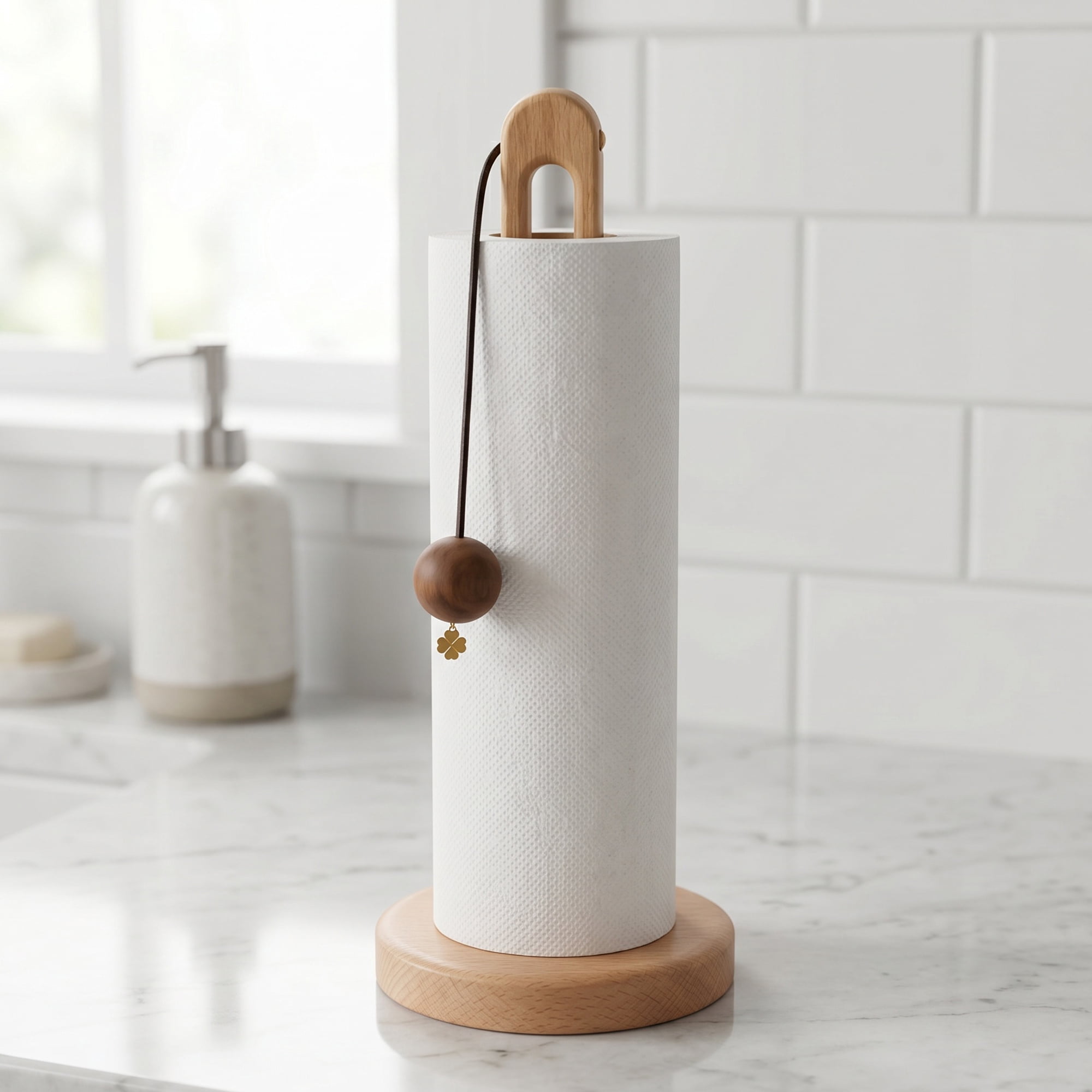 Unique Bargains Paper Towel Holder Countertop Modern Base Wood Pendant 12.2x5.1inch