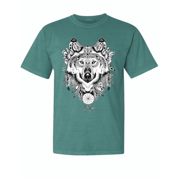 Wild Bobby, Drawn Tribal Wolf, Animal Lover, Garment-Dyed Washed Look Short Sleeve T-Shirt, Emerald, Medium