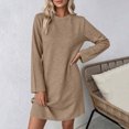 thumbnail image 5 of Vynhevius Womens Solid Textured Dress Crew Neck Long Sleeve Casual Loose Mini, 5 of 8